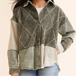 BKE Patchwork Corduroy Jacket in Olive Green & Cream